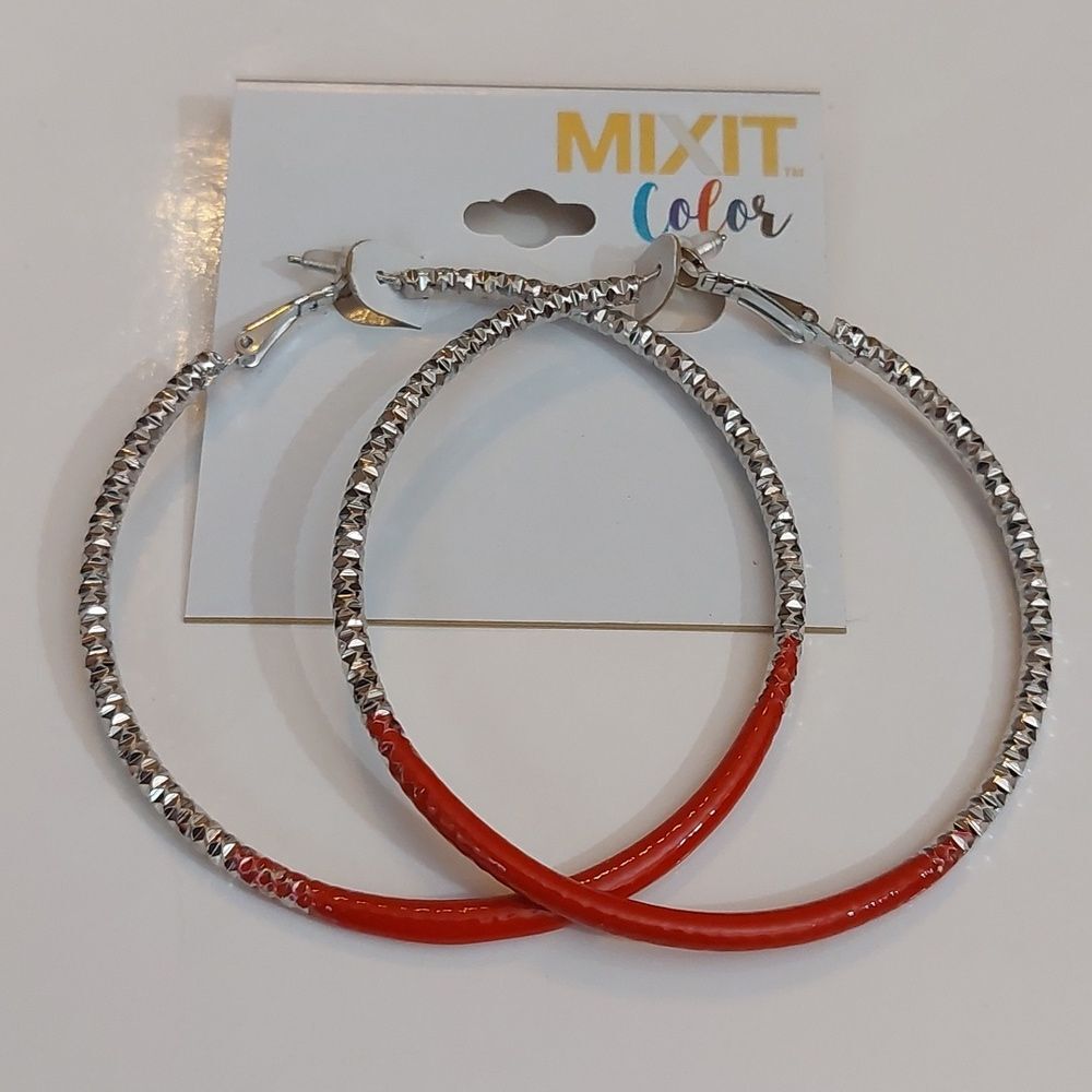 Mixit Silver Tone and Red Enamel Textured Hoop Earrings 2.5 Inch